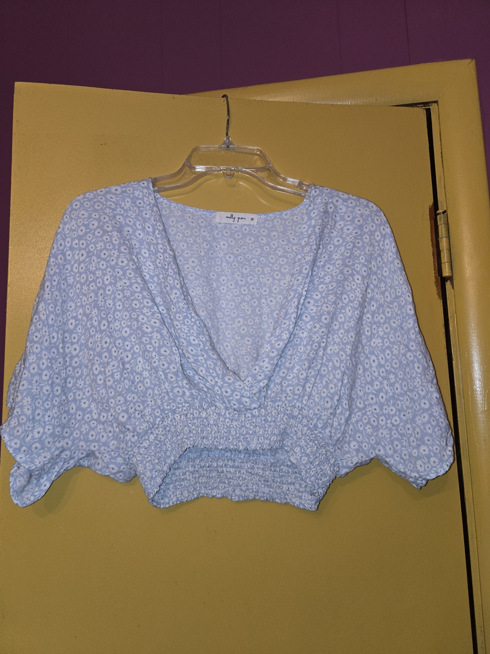 Light Blue Floral Smocked Hem Cropped Top